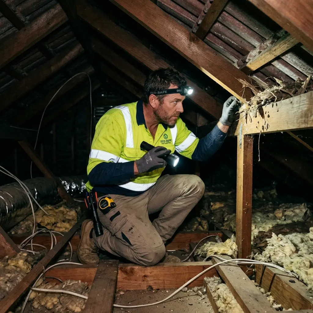 Technician inspecting a roof cavity for a dead animal in Corio