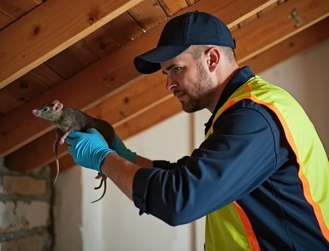 Technician inspecting a roof cavity for a dead rat in Corio